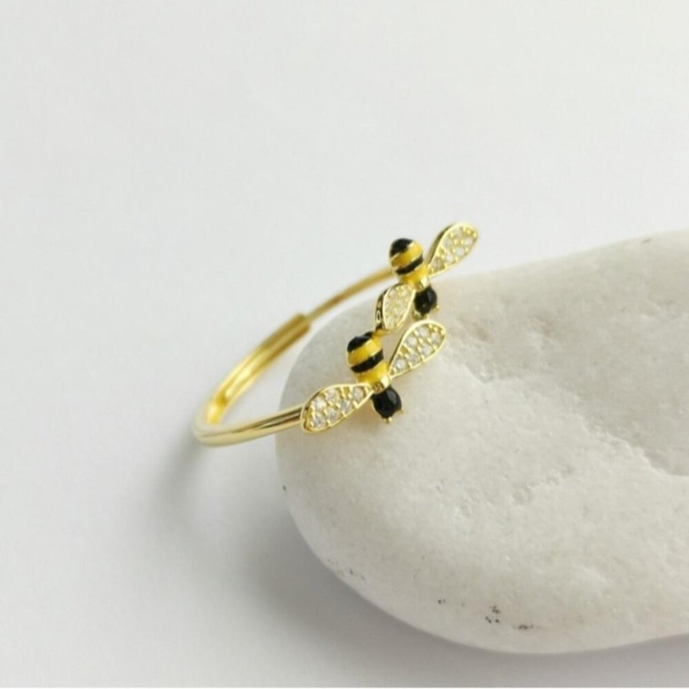 CZ enamel Bee Bees ring 14k Gold over Sterling Silver size 7